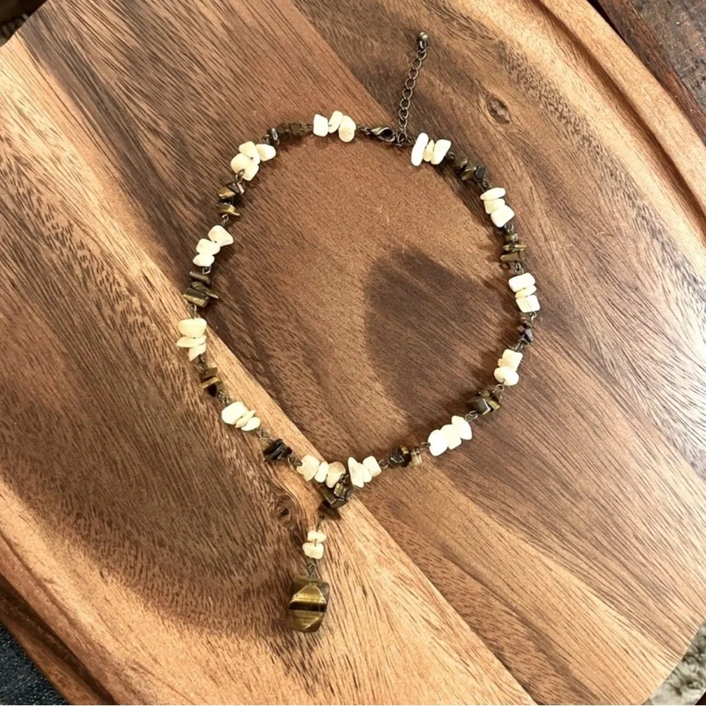 Vintage Tiger’s Eye & Ivory Stone Bead Necklace Boho Artisan Earthy Adjustable